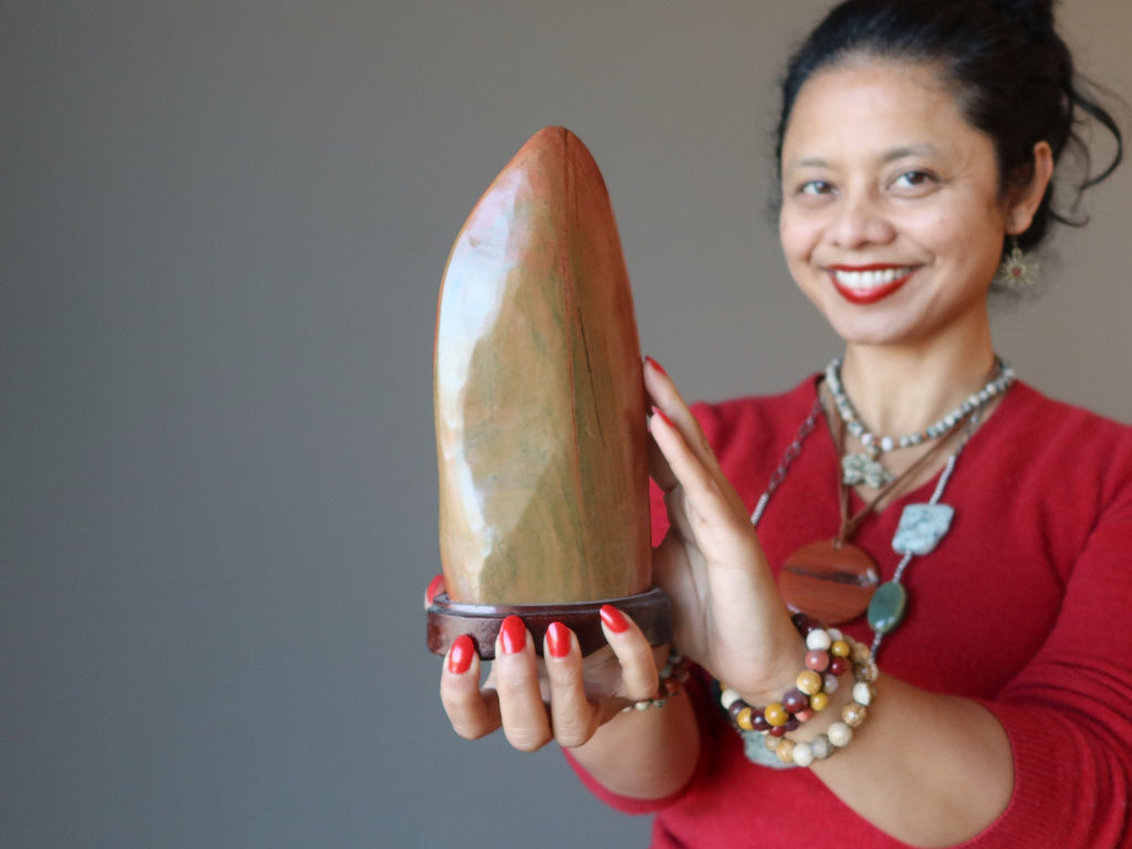 sheila of satin crystals holding a jasper stone