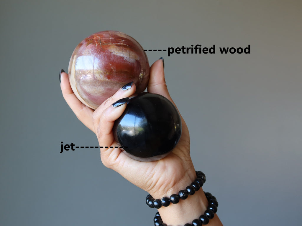 hand holding petrified wood and black jet stone balls