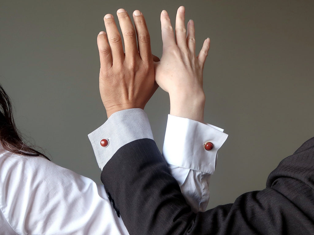 couple wearing red jasper cufflinks