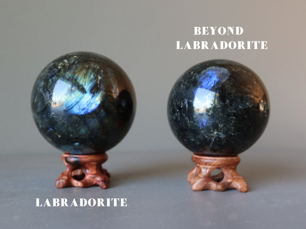 labradorite and beyond labradorite spheres on wood stands