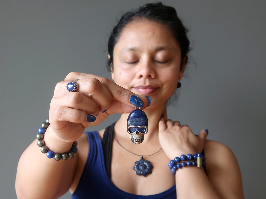 sheila of satin crystals wearing 7 lapis lazuli jewelry pieces