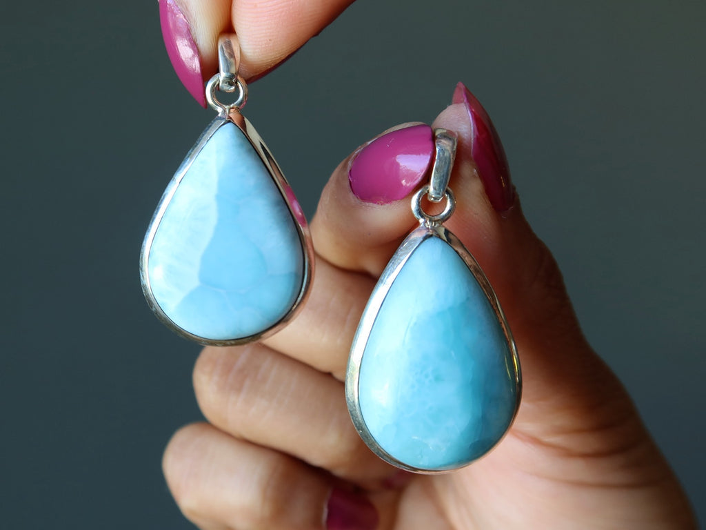 two larimar teardrop pendants