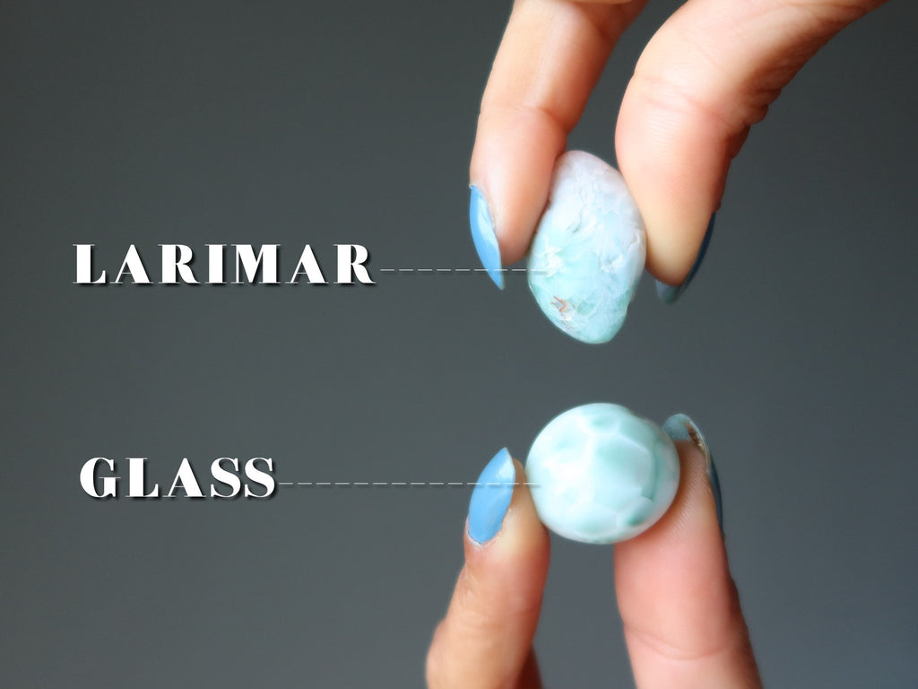real tumbled larimar vs fake green alabaster glass