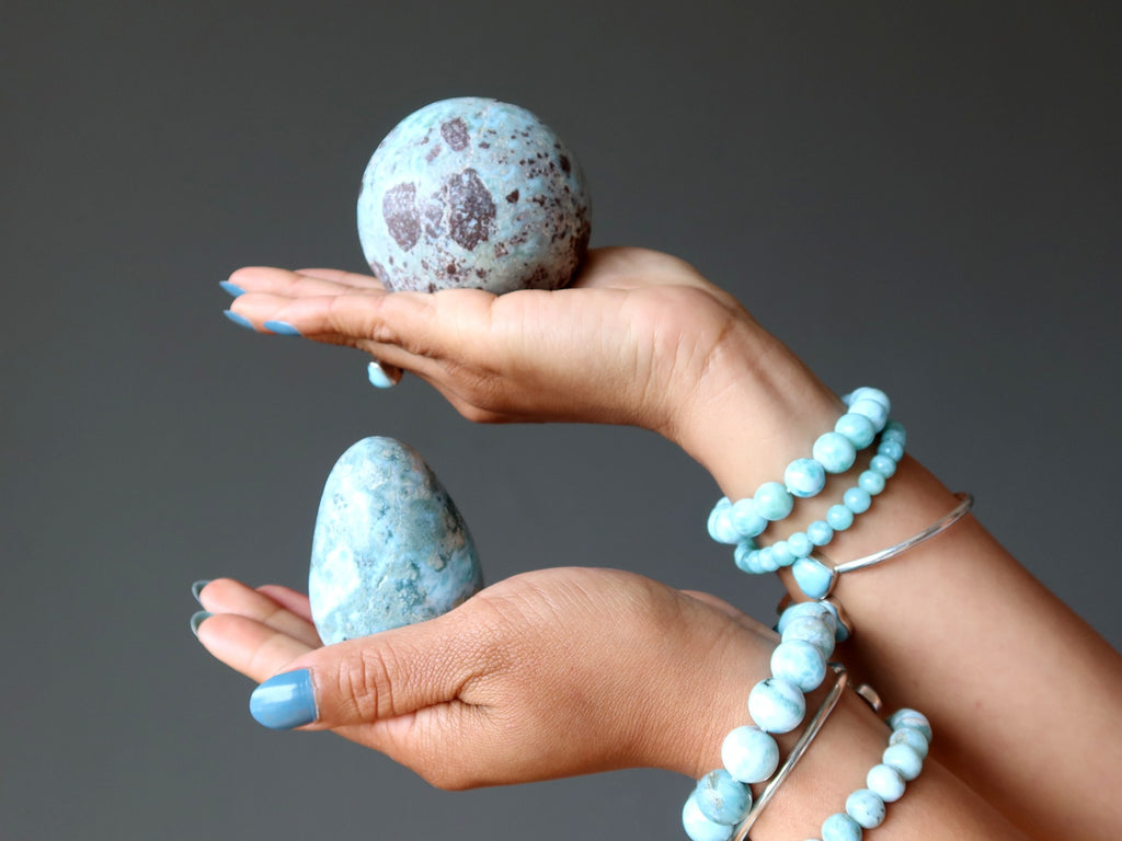 larimar sphere, egg, bracelets, ring