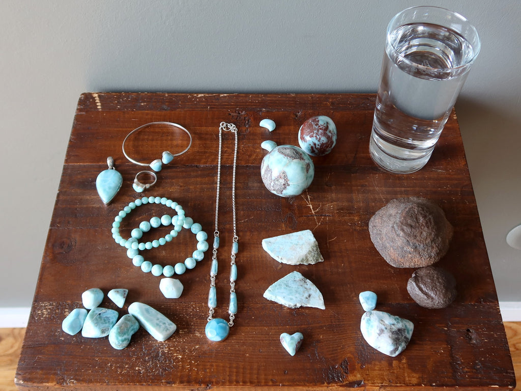 larimar stones, jewelry, moqui marbles, glass water