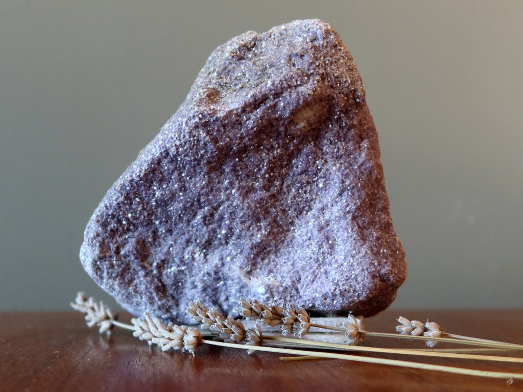 lepidolite stone with lavender flowers