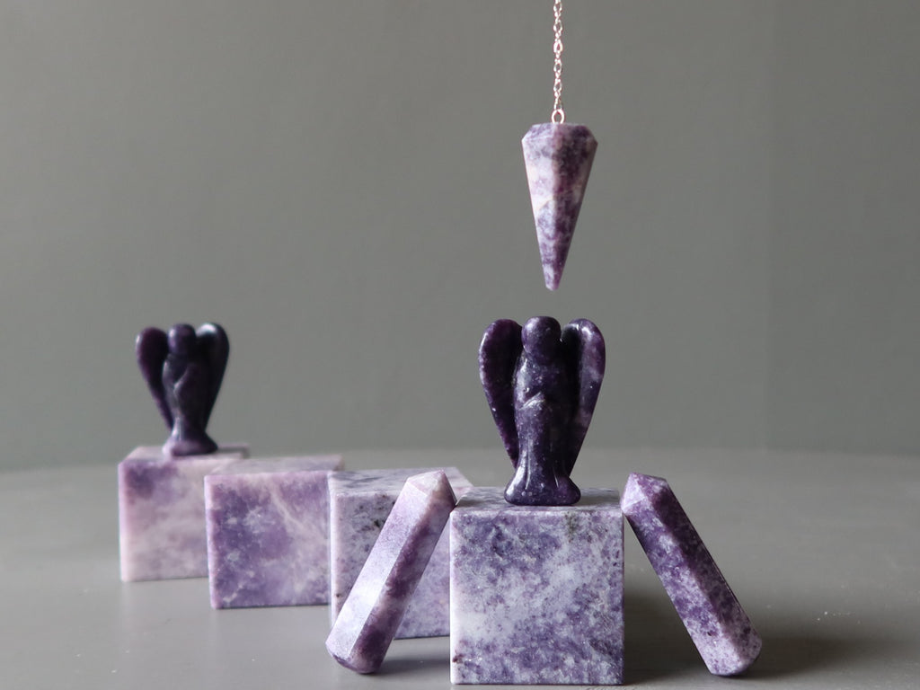 lepidolite angels, wand, cube, pendulum