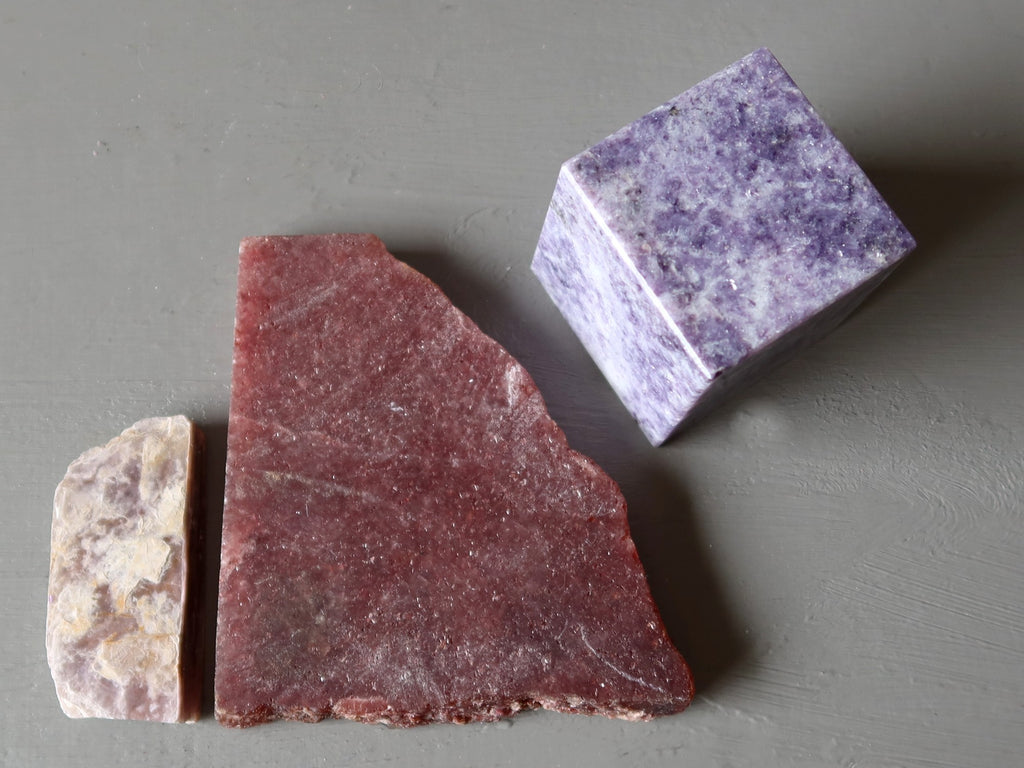 lepidolite slabs and cube