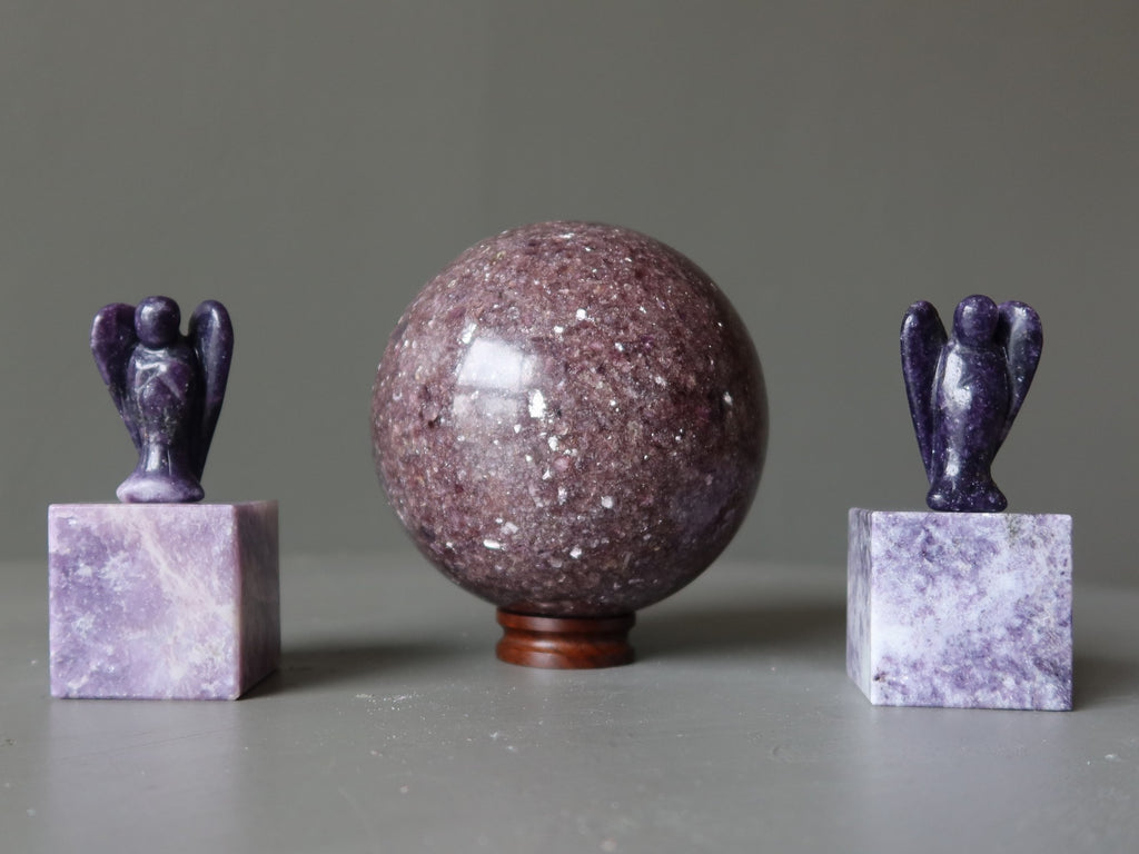 lepidolite angel, cube, sphere