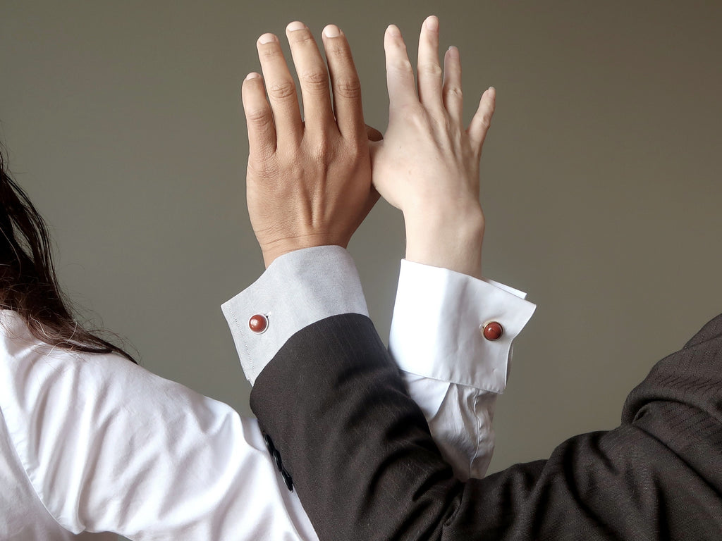 couple wearing red jasper cufflinks