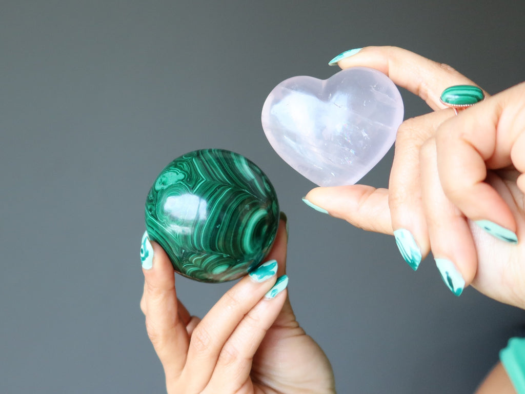 malachite sphere and rose quartz heart