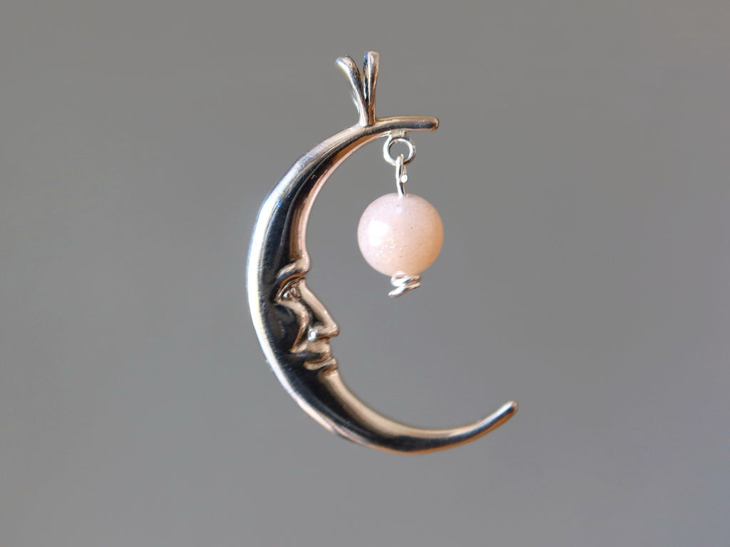 sterling silver cresent moon pendant with peach moonstone dangle