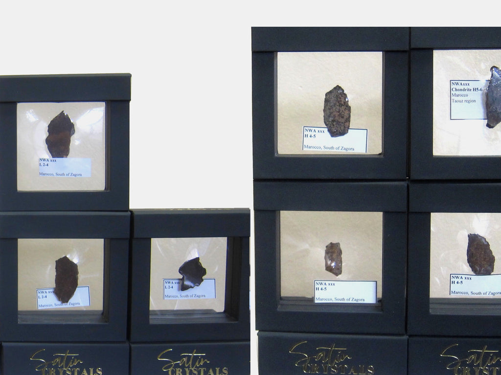 north west african chondrite meteorites in suspension display boxes for sale at satin crystals 