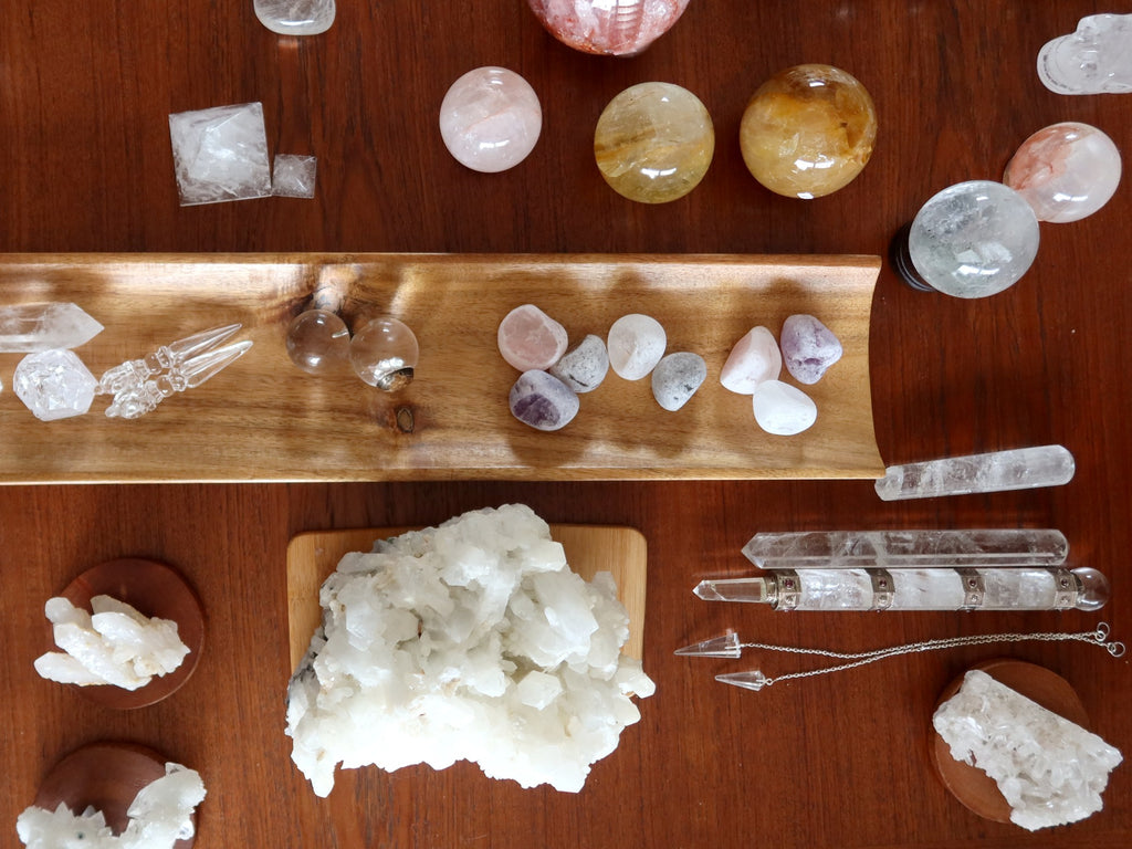 table full of quartz crystals