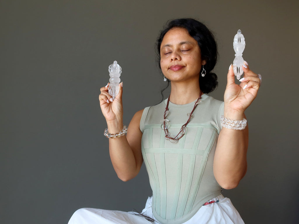 sheila of satin crystals meditating with clear quartz dorjes