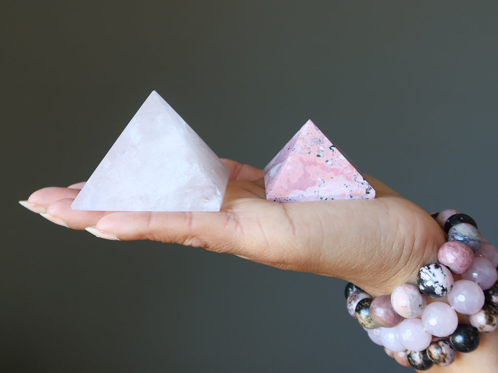 rhodonite and rose quartz pyramids