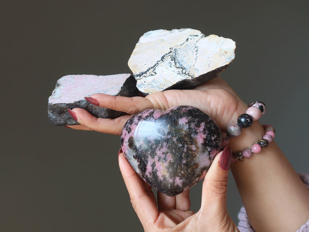 rhodonite slabs and heart