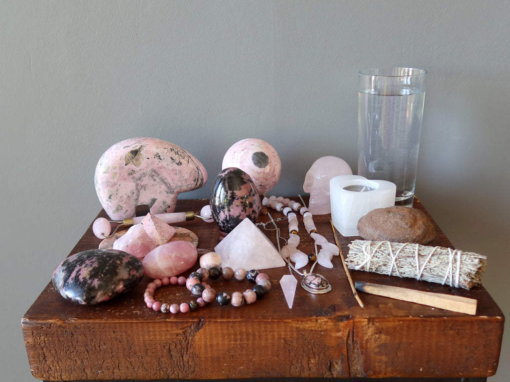 rose quartz and rhodonite crystals