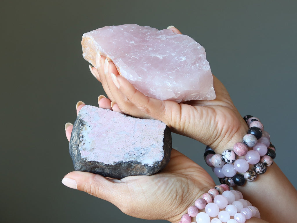 rose quartz and rhodonite crystals