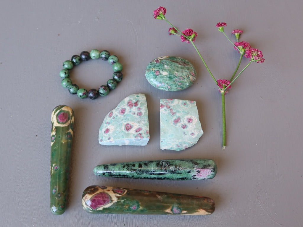 ruby fuchsite and ruby zoisite stones with pink flower