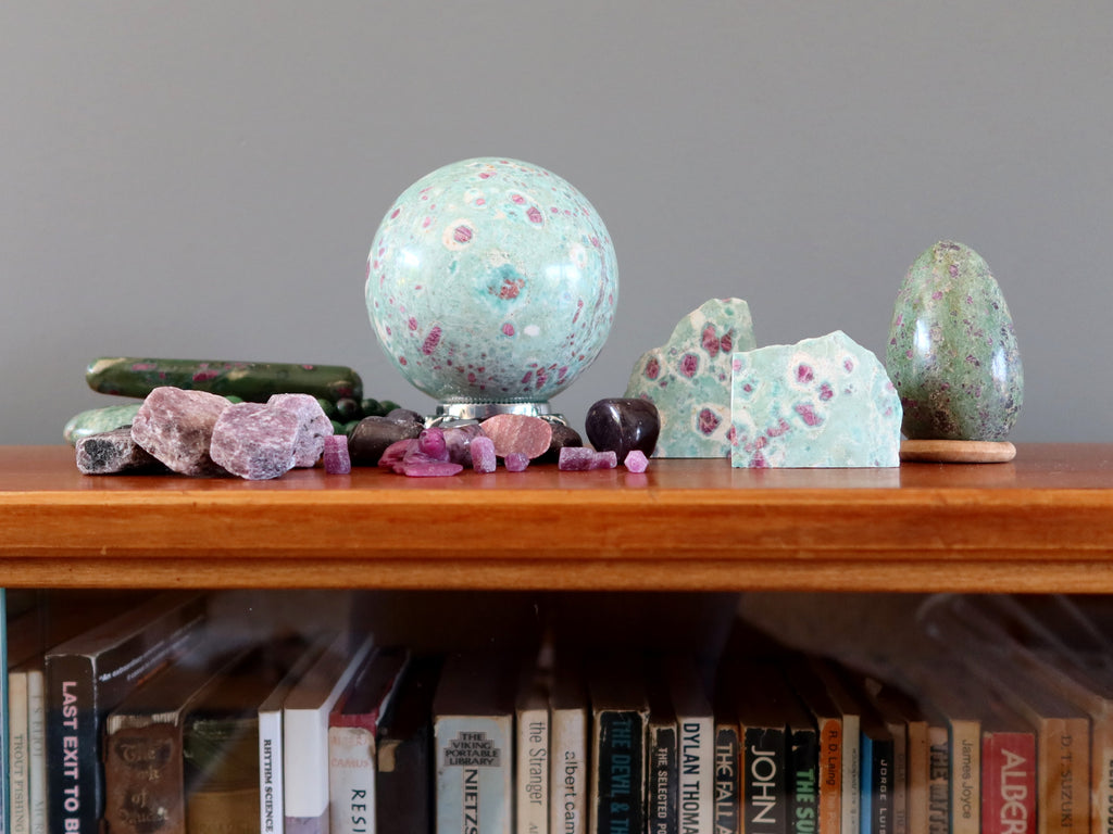 ruby stones on bookshelf
