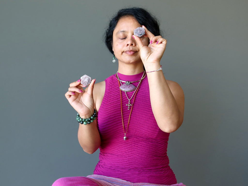 sheila of satin crystal meditating with ruby hexagons