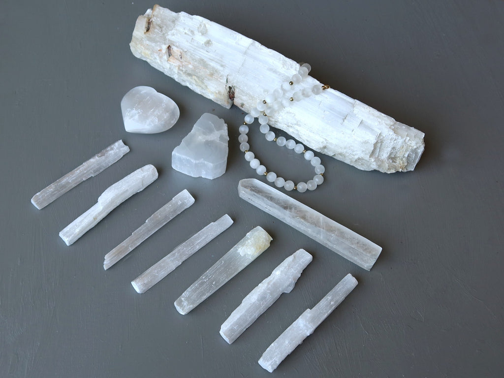 selenite wands, heart and necklace