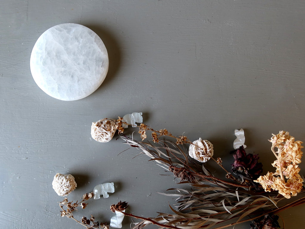 selenite moon over dried flowers and selenite desert rose and animals