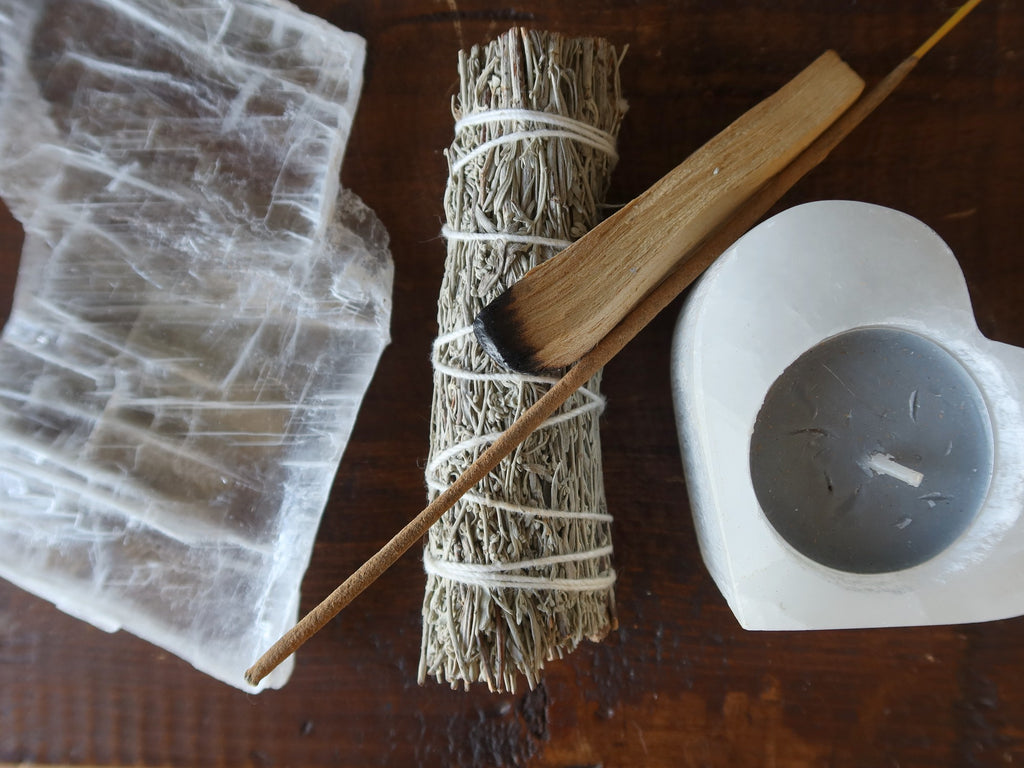 true selenite, sage, palo santo, incense, selenite heart candle 