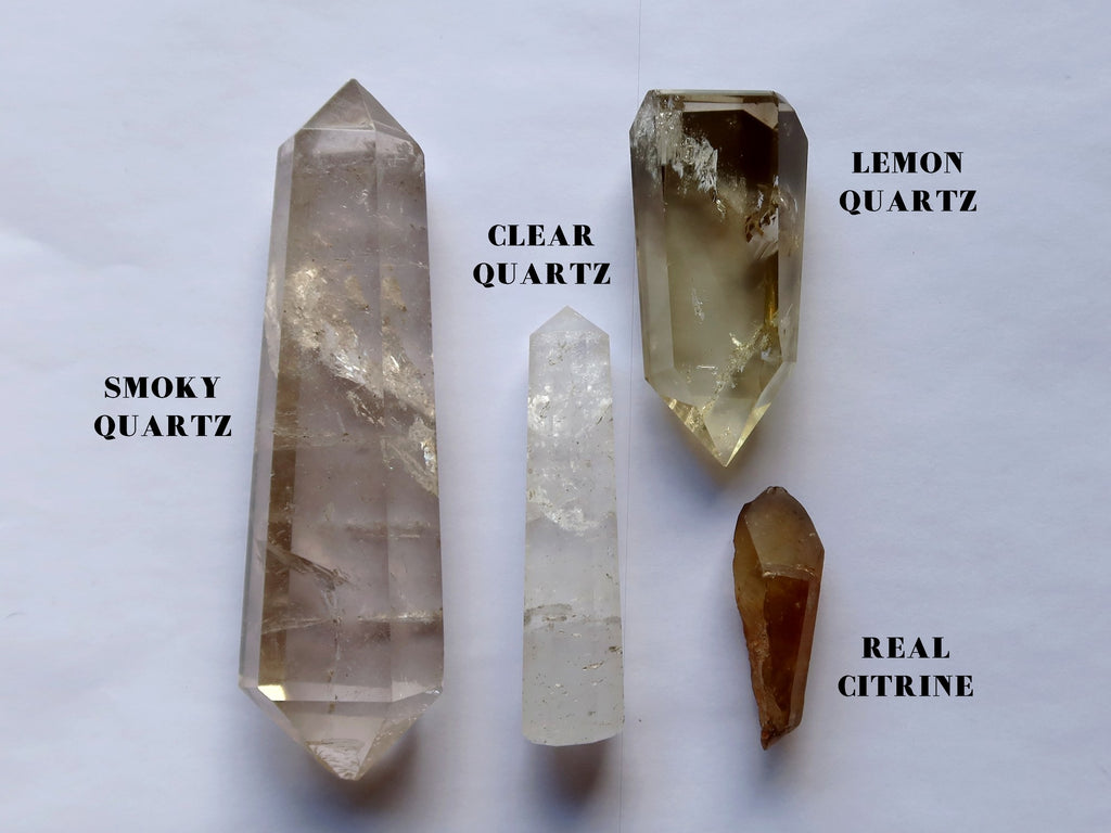 smoky quartz, clear quartz, lemon quartz, citrine on paper