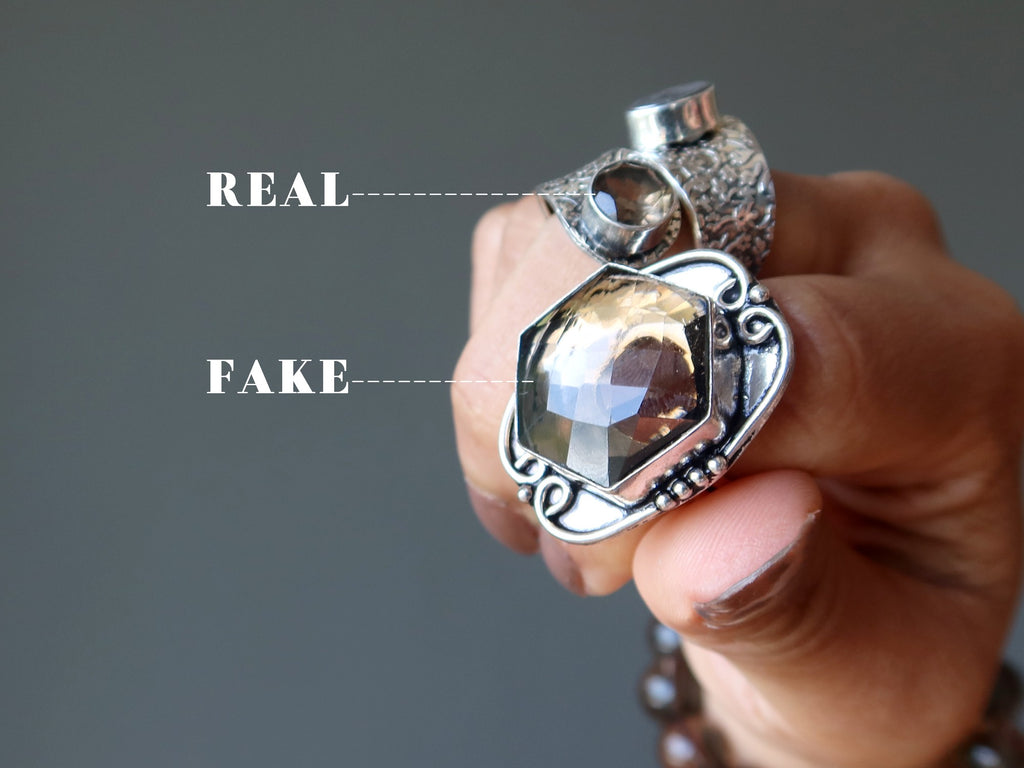 real and fake smoky quartz rings