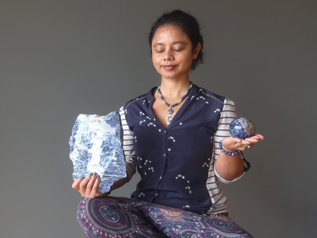 sheila of satin crystals meditating with sodalite