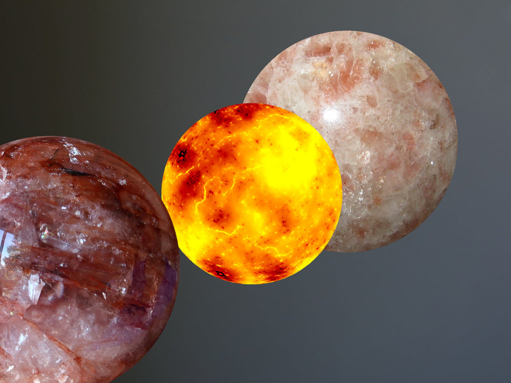 image of sun, fire quartz and sunstone sphere