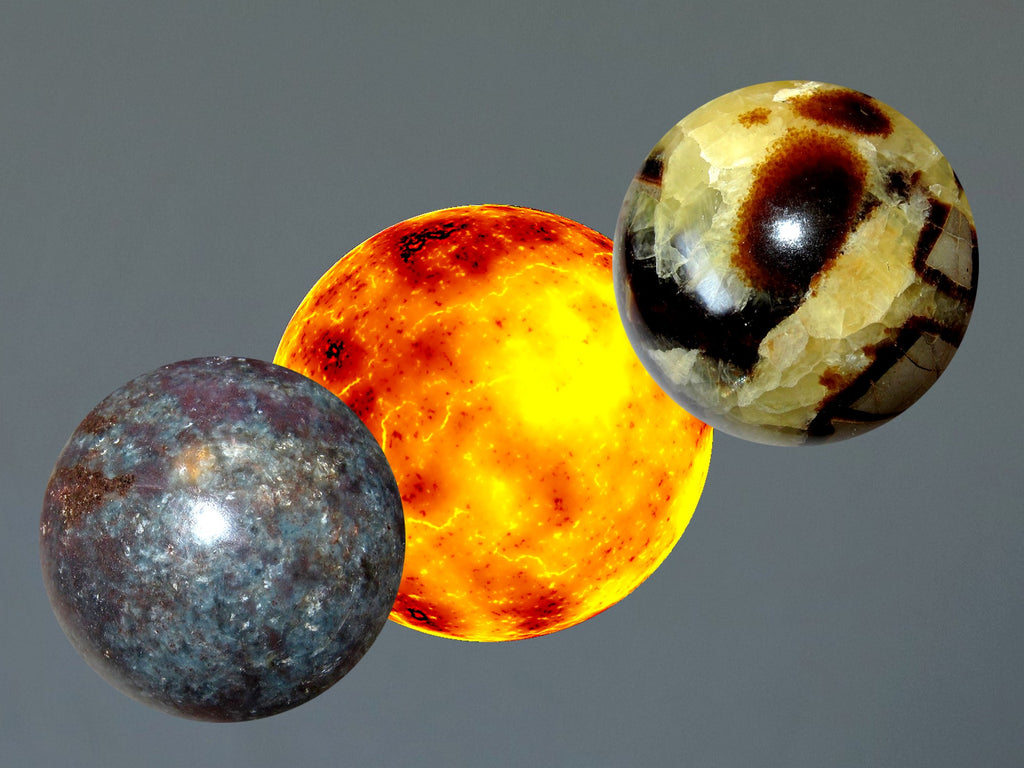 sun, ruby kyanite, septarian sphere