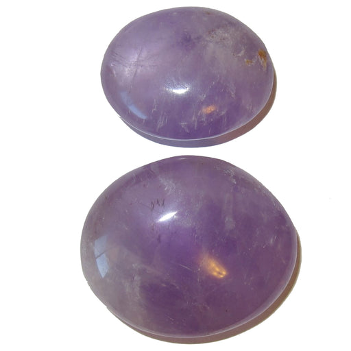 two purple amethyst polished palm stones of different sizes