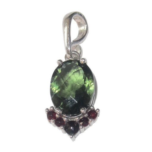 green faceted moldavite oval with red garnets in sterling silver pendant