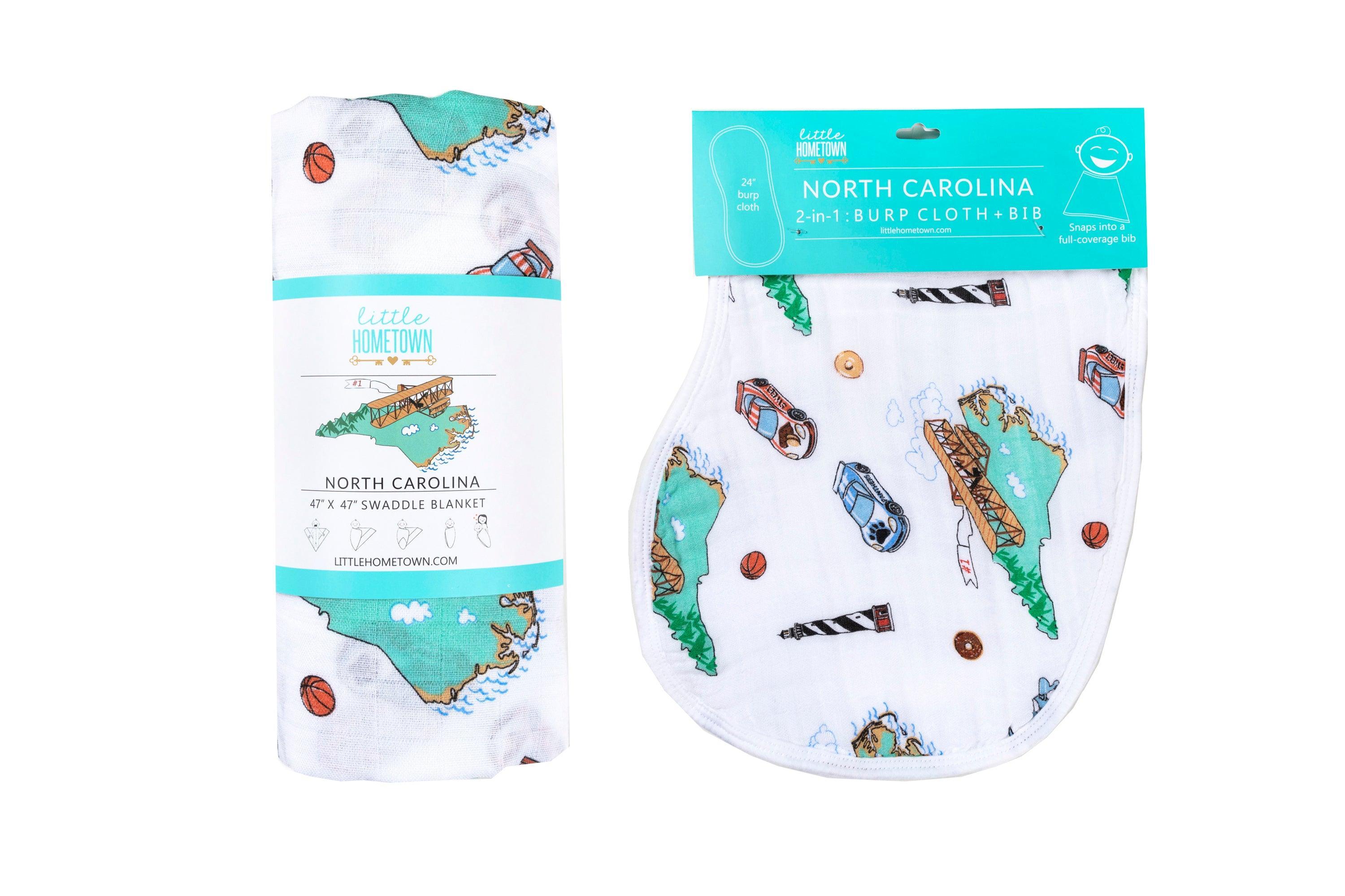 Gift Set: North Carolina Baby Muslin Swaddle Blanket and Burp Cloth/Bib Combo