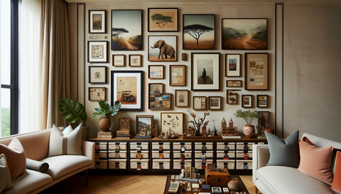 A beautifully curated living room showcasing an elegant display of travel souvenirs. One corner of the room is dedicated to an African safari theme