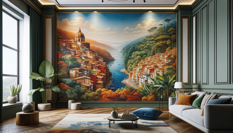 An elegant room with a feature wall inspired by international travel destinations. The wall is painted in vibrant hues reminiscent of an Italian citys