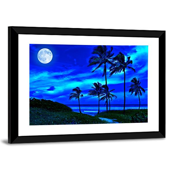 Romantic Tropical Beach At Night With A Bright Full Moon Canvas Wall ...