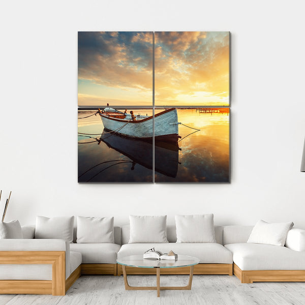 Boat On Lake At Sunset Canvas Wall Art - Tiaracle