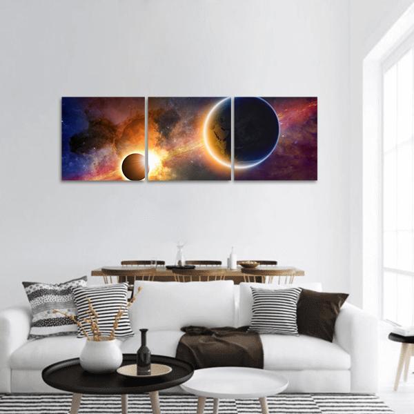 Glowing Planet Earth In Space Panoramic Canvas Wall Art - Tiaracle