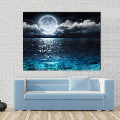 Moon On Sea At Night Canvas Wall Art - Tiaracle