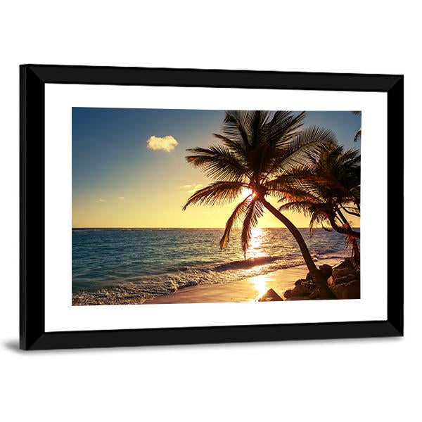 Palm Tree At Sunrise On The Tropical Beach Canvas Wall Art - Tiaracle