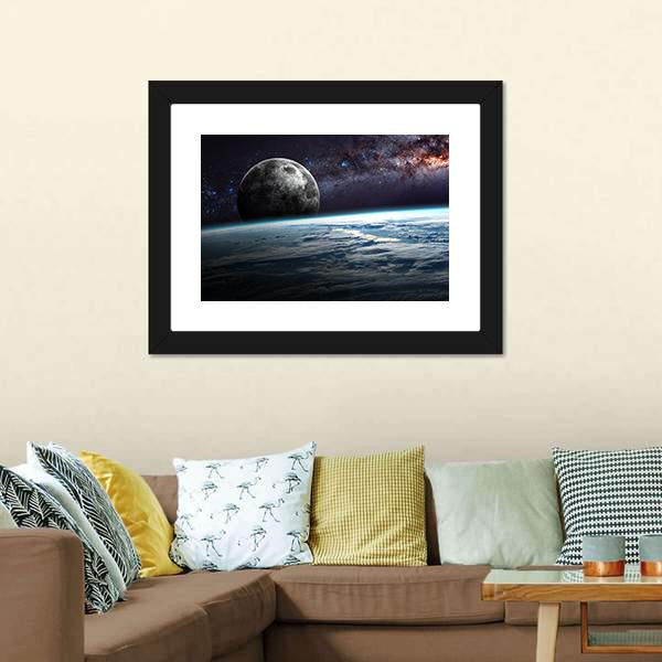 Planet Earth and Moon Illustration Canvas Wall Art - Tiaracle