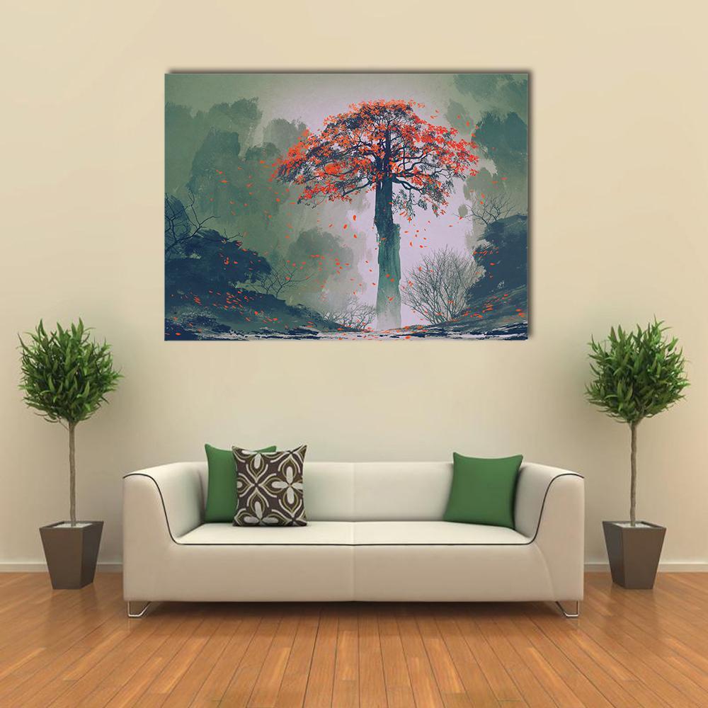 Red Heart Shaped Tree At Sunset Canvas Wall Art - Tiaracle