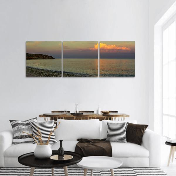 Sunset With Boat On Sea Beach Panoramic Canvas Wall Art - Tiaracle