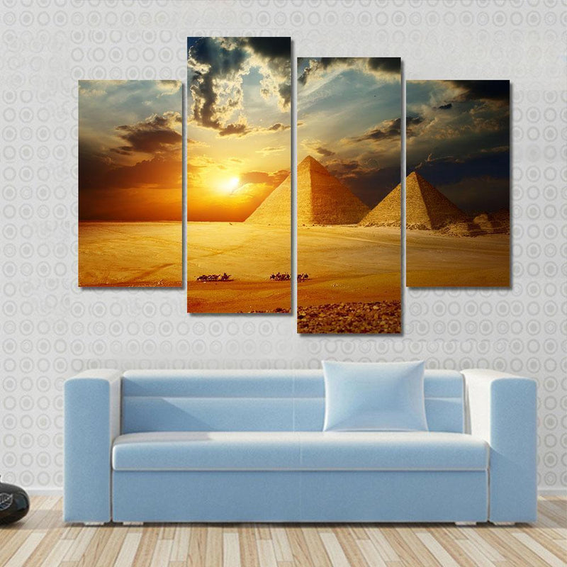 Sunset On Egyptian Pyramids Under Dark Clouds Canvas Wall Art - Tiaracle