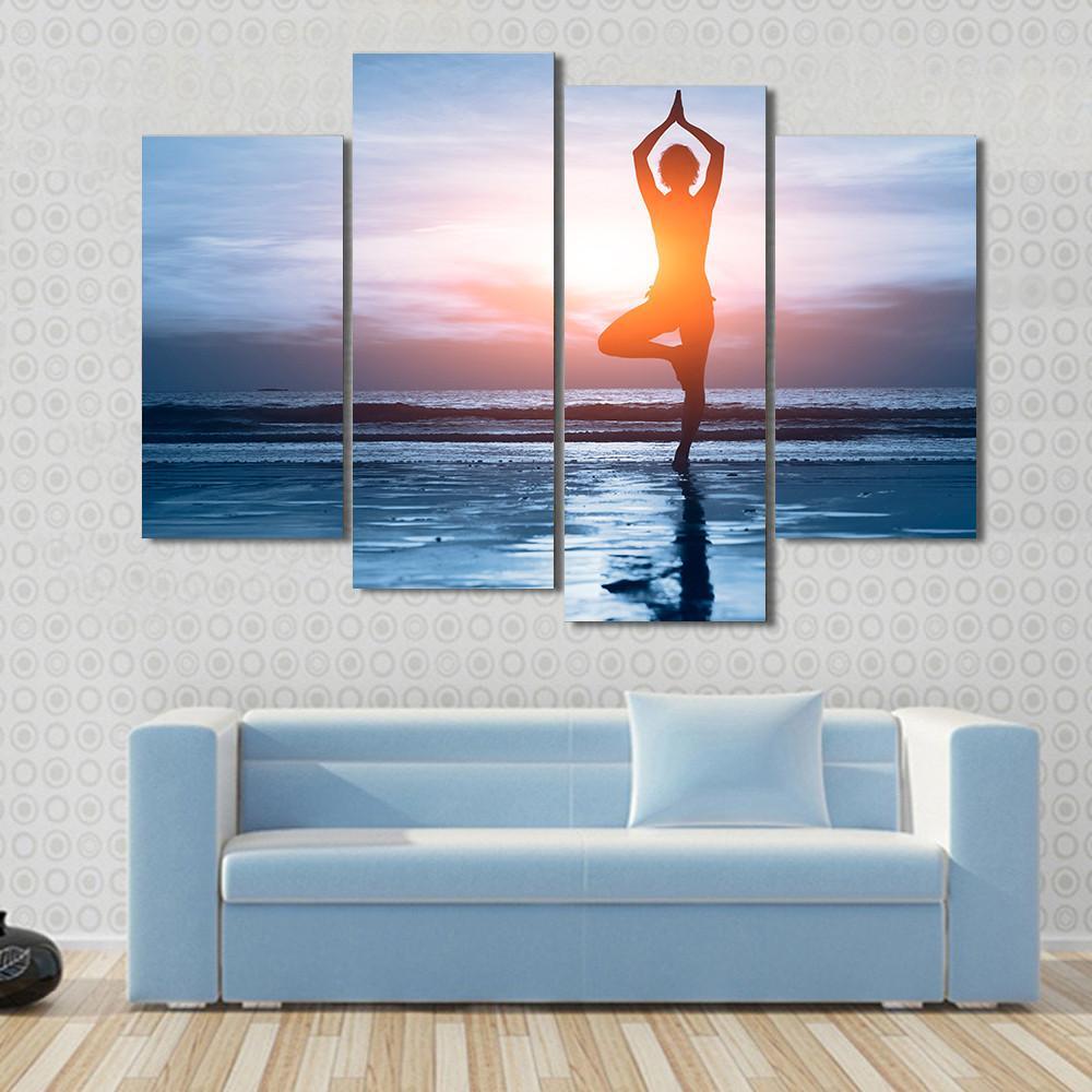 Woman Practice Yoga At Beach During Sunset Canvas Wall Art