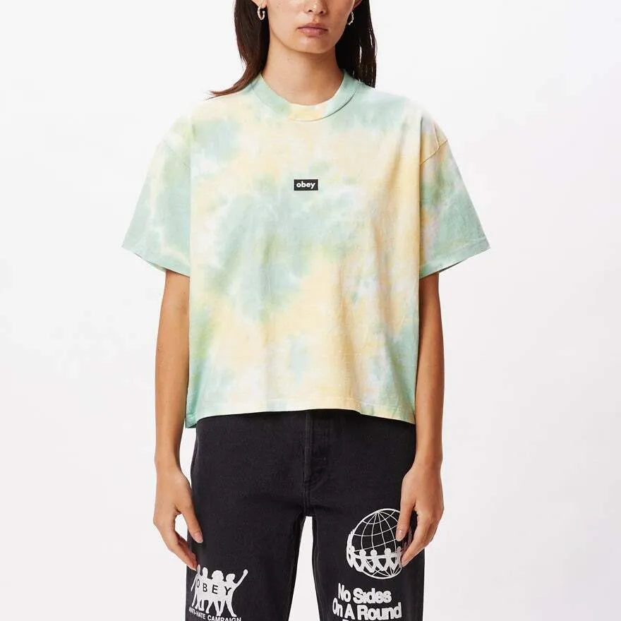 OBEY Obey Tag Custom Crop Box Tie Dye T-Shirt Women's Cucumber